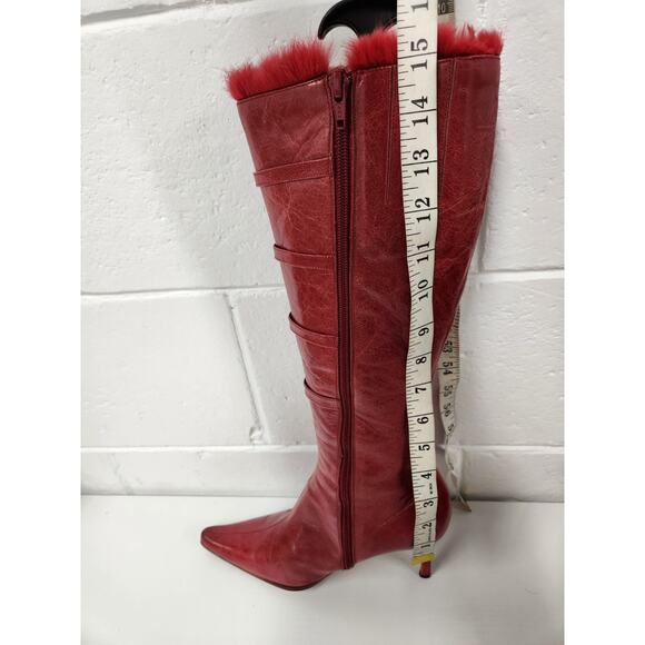 Vintage Beston Women's Red High Heels Tall Boots, Sz 7. Buckle/Rabbit Fur Accent - Picture 14 of 14